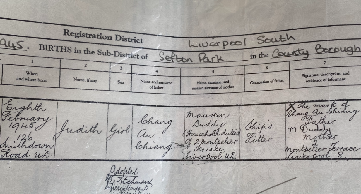 Judy's birth certificate, showing her father's name and occupation. /Judy Kinnin/Simon Morris/CGTN