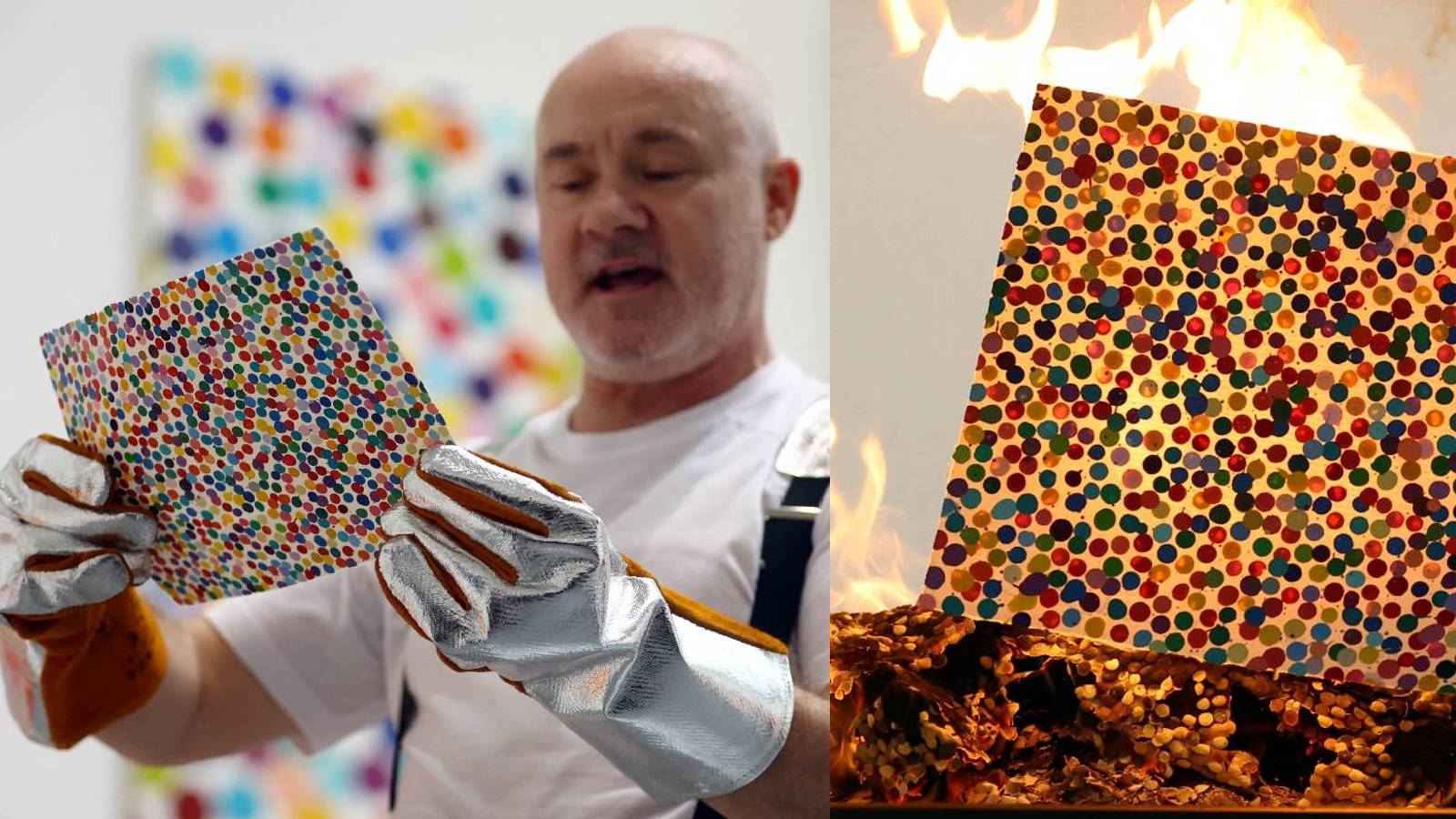 British artist Damien Hirst at a burn event for his latest NFT exhibition 'The Currency' in London. /Hannah McKay/Reuters