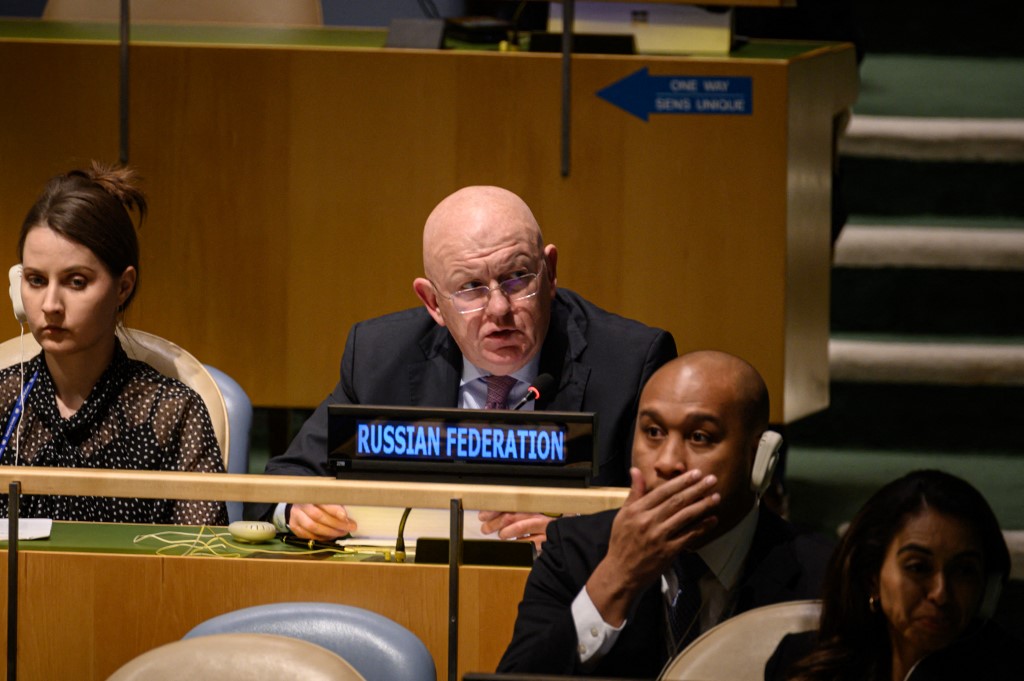 Permanent Representative of the Russian Federation to the UN Vasily Nebenzya speaks during a General Assembly meeting. /Ed Jones/AFP