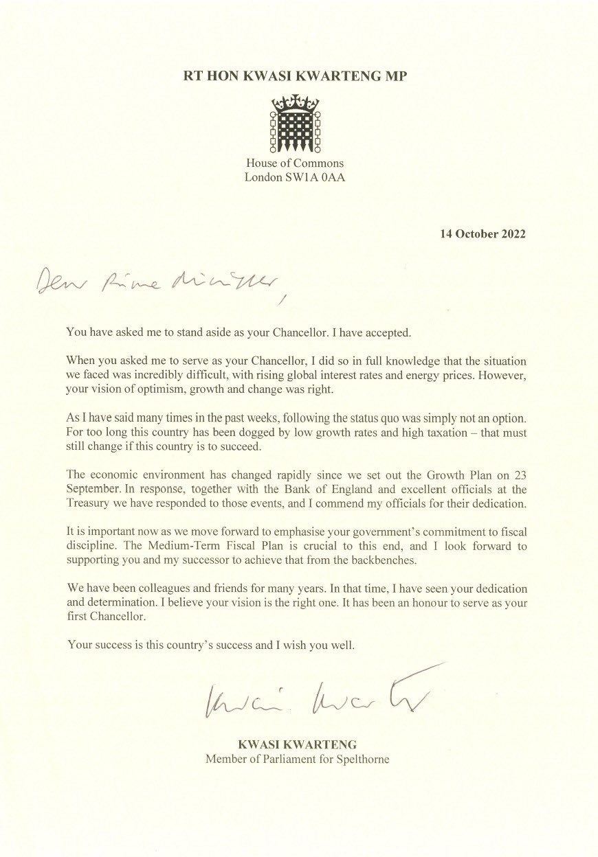 Kwarteng's letter to the Prime Minister accepting his removal from office./Twitter/@KwasiKwarteng 