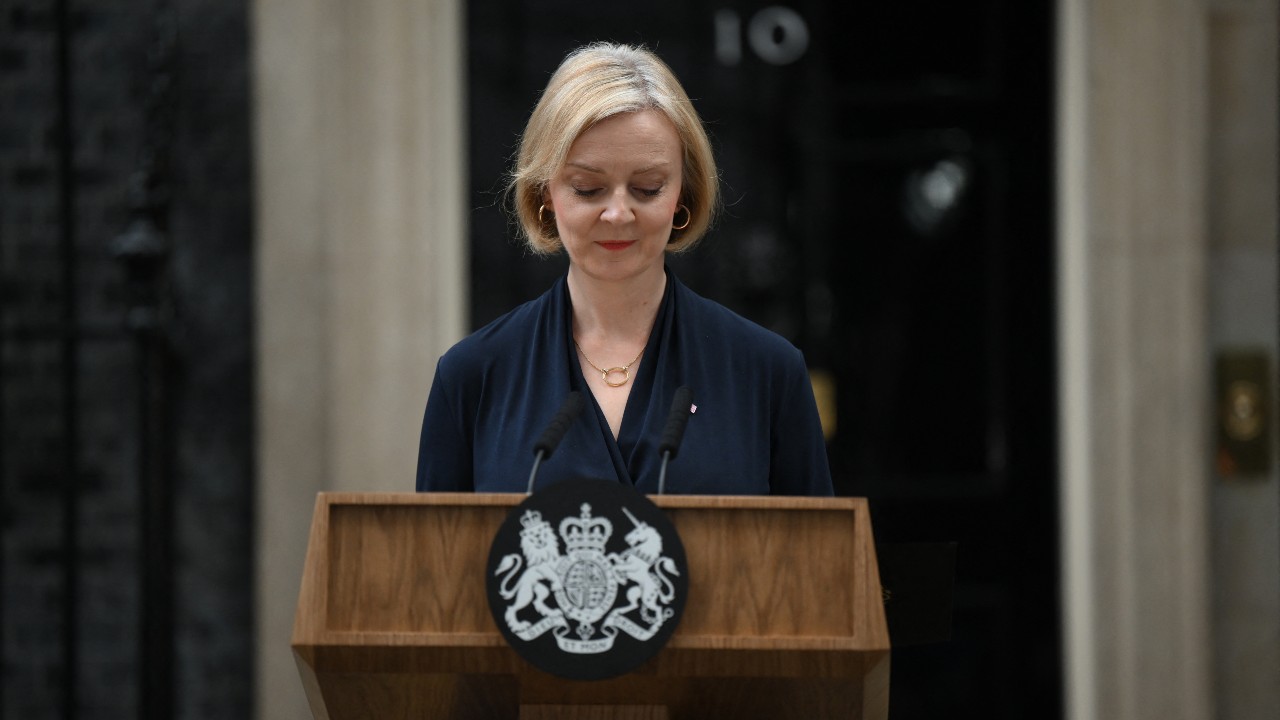 Britain's Prime Minister Liz Truss announces her resignation outside 10 Downing Street. /Daniel Leal/AFP
