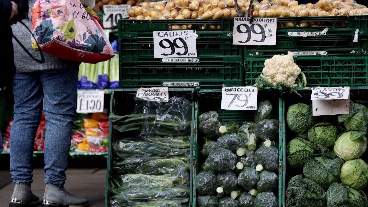 Food items are displayed for sale at a market stall in Sunderland, Britain. /Lee Smith/Reuters