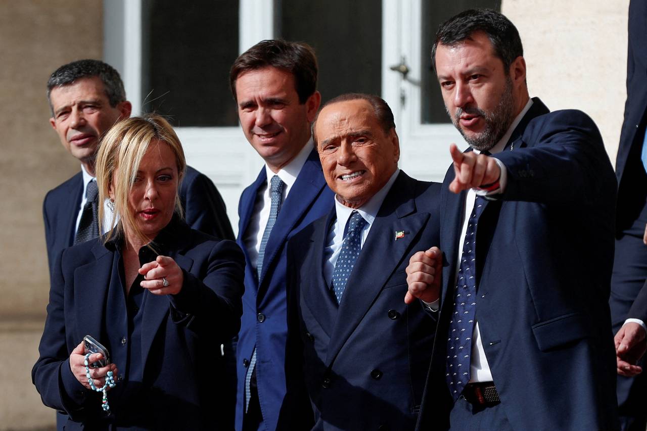 Brothers of Italy leader Giorgia Meloni, Forza Italia leader Silvio Berlusconi and League party leader Matteo Salvini following a meeting with Italian President Sergio Mattarella. /Guglielmo Mangiapane/Reuters