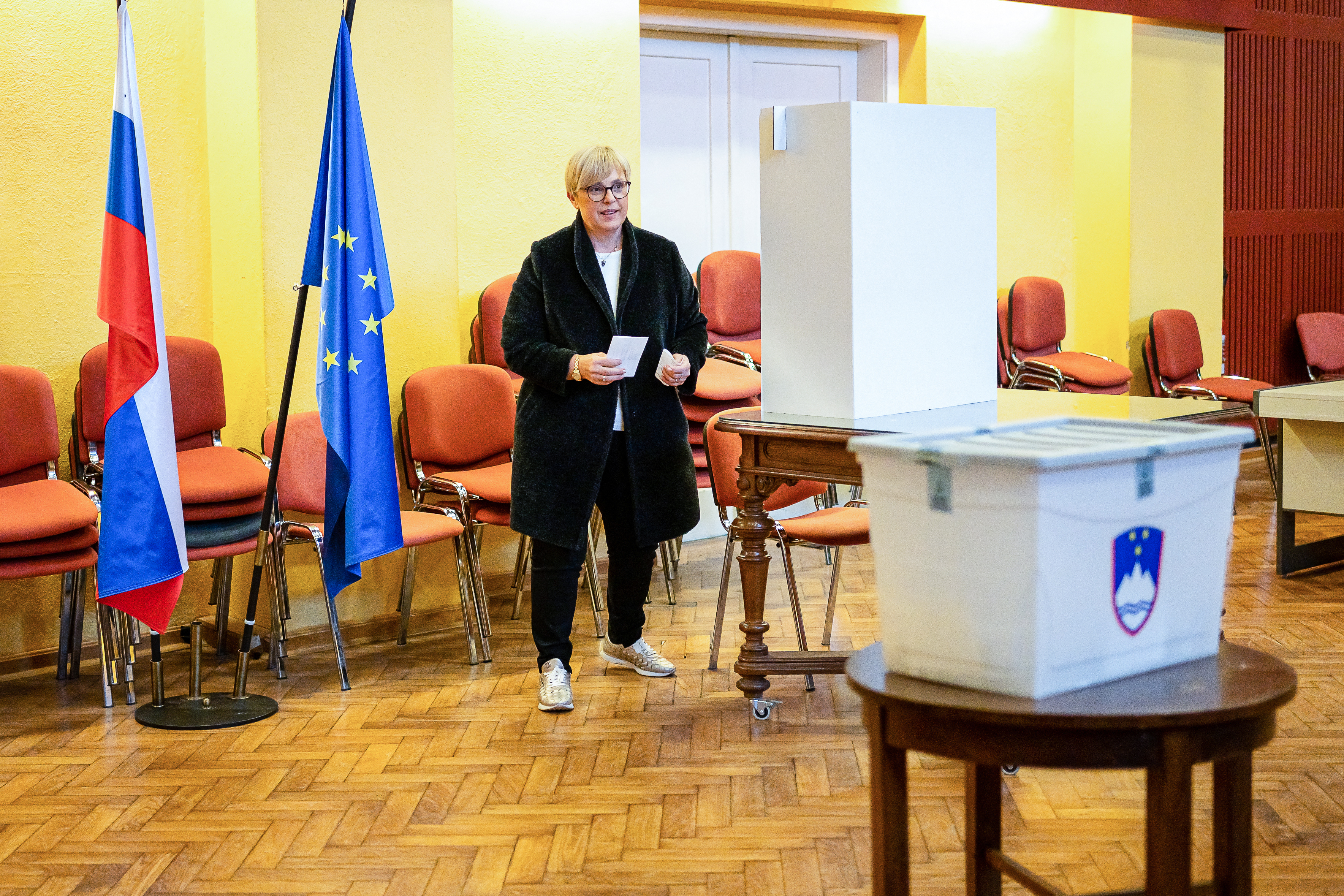 Slovenia's centre-left presidential candidate Natasa Pirc Musar prepares to cast her ballot at a polling station in Radomlje on Sunday. Jure Makovec / AFP