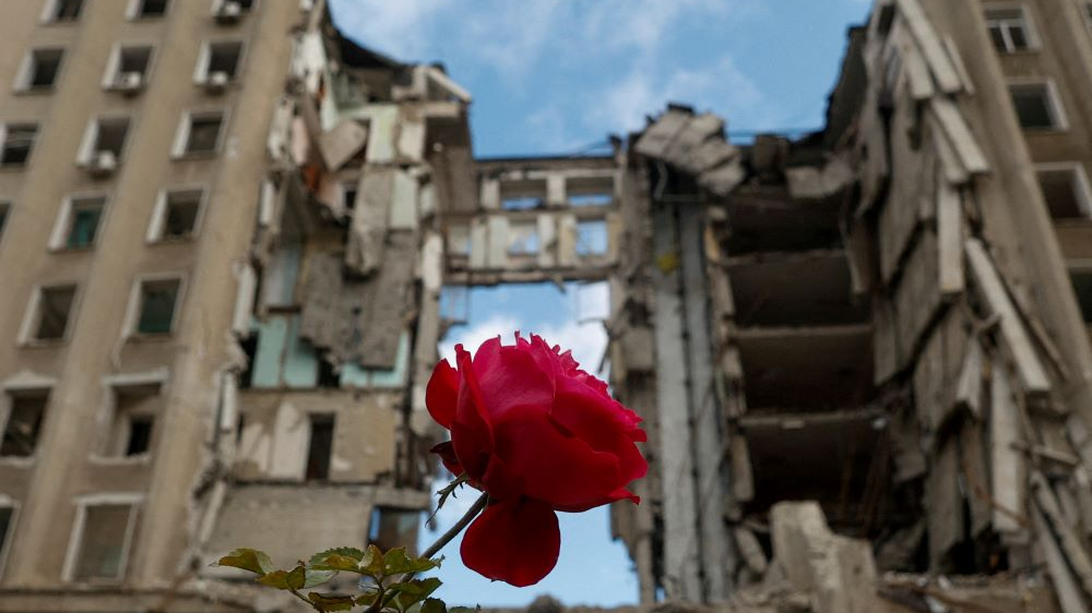 A red rose grows out of the rubble in Mykolaiv, a Ukrainian city under heavy bombardment. /Valentyn Ogirenko/Reuters  