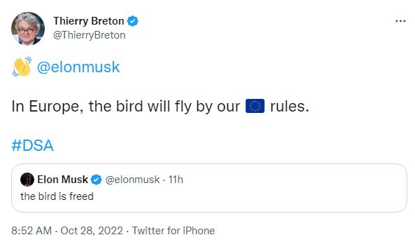 Twitter CEO Elon Musk says the bird is free, but EU clips his wings