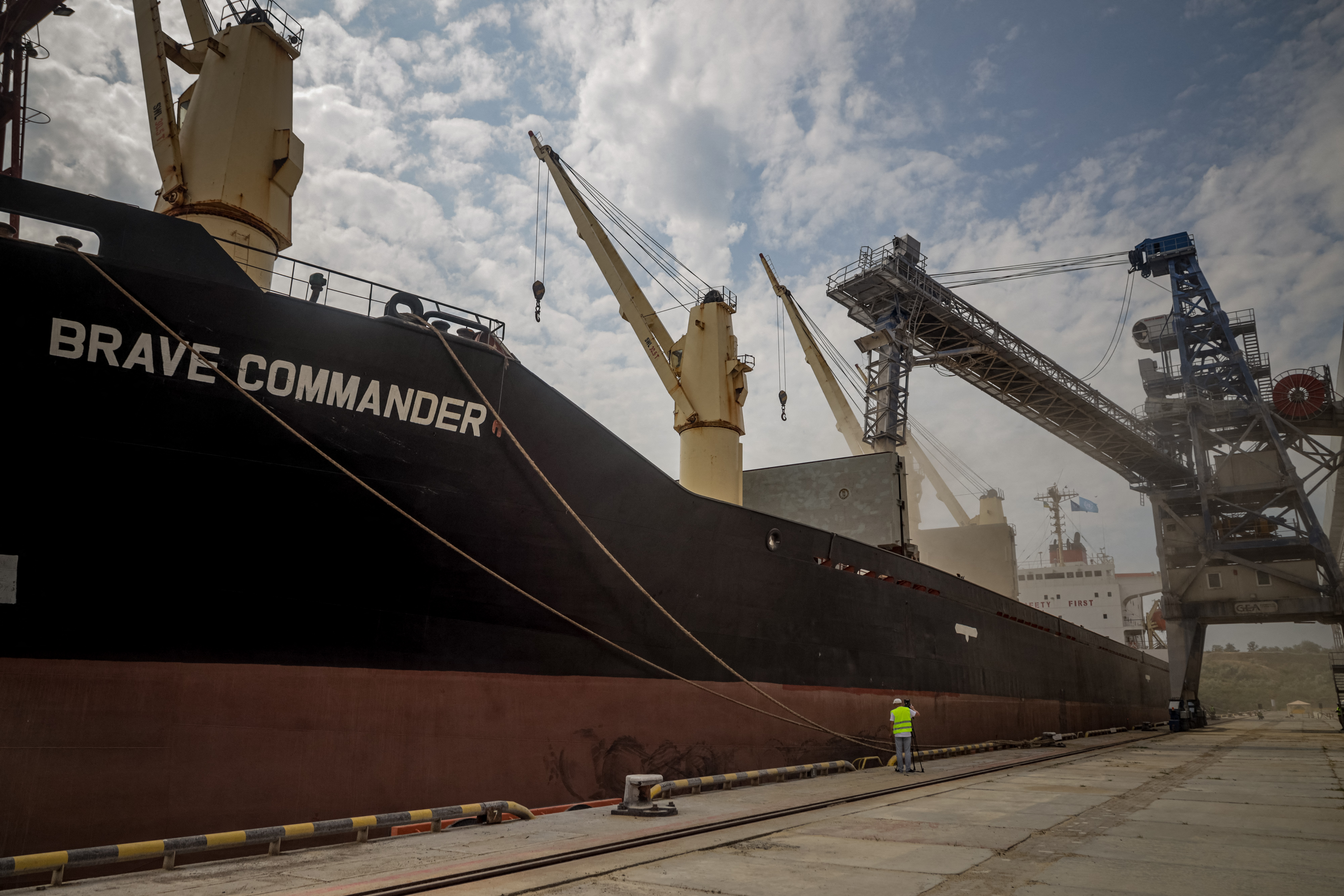 A ship stocking up on grain at a Ukrainian Black Sea port. /Oleksandr Gimanov / AFP