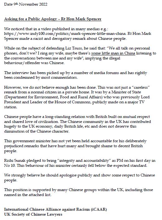 The International Chinese Alliance against Racism has demanded an apology from Mark Spencer following his comments about Chinese people listening to private conversations./iCAAR