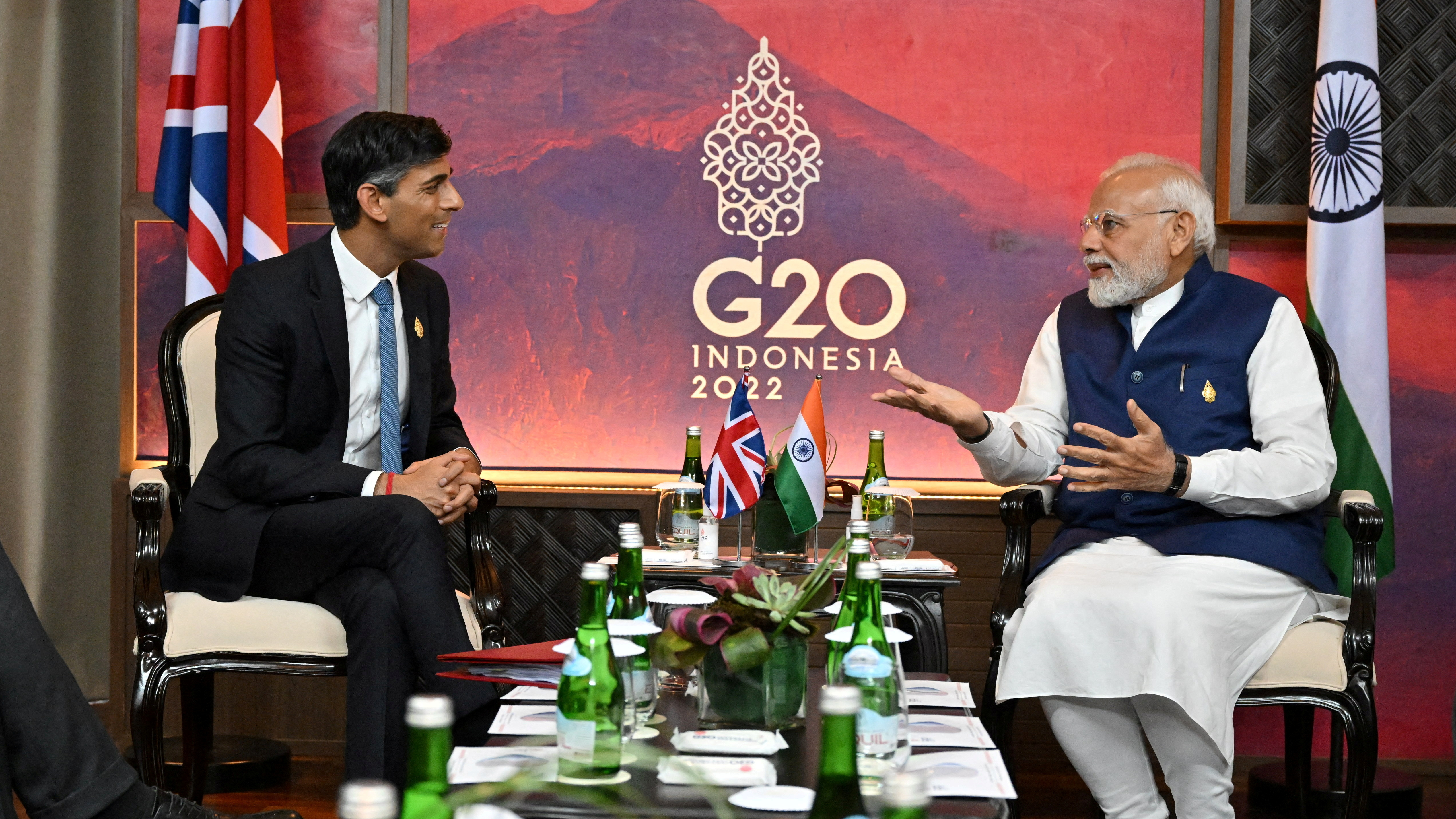 British Prime Minister Rishi Sunak and India's Prime Minister Narendra Modi hold a bilateral meeting at the G20 in Bali. Leon Neal/Pool via Reuters