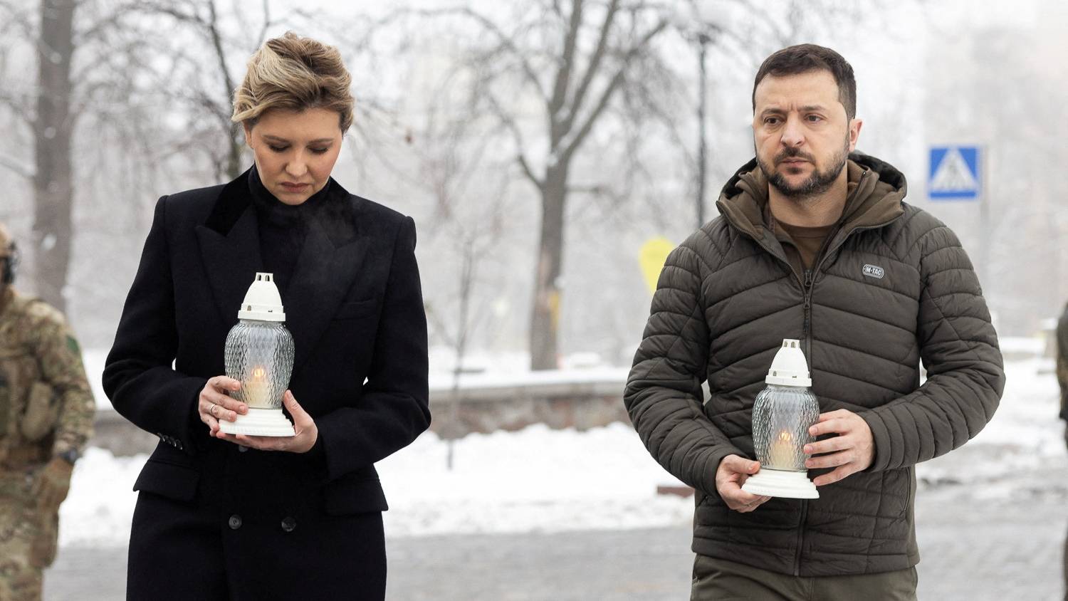 Ukraine's President Volodymyr Zelenskyy and wife Olena Zelenska attend a Kyiv commemoration ceremony at a monument to those killed during the Ukrainian pro-EU demonstrations in 2014. /Ukrainian Presidential Press Service/Handout.