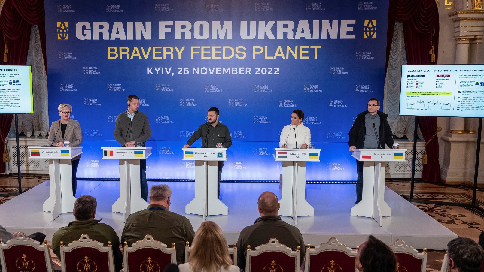 The leaders (left to right) of Lithuania, Belgium, Ukraine, Hungary and Poland met for a Ukraine grain summit./ Viacheslav Ratynskyi/Reuters