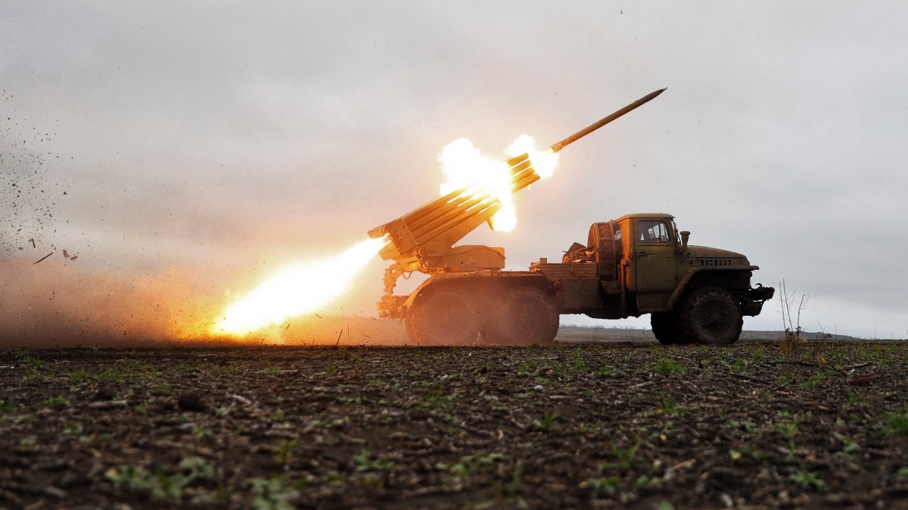 A BM-21 'Grad' multiple rocket launcher fires towards Russian positions on the frontline near Bakhmut, Donetsk region. /Anatolii Stepanov/AFP