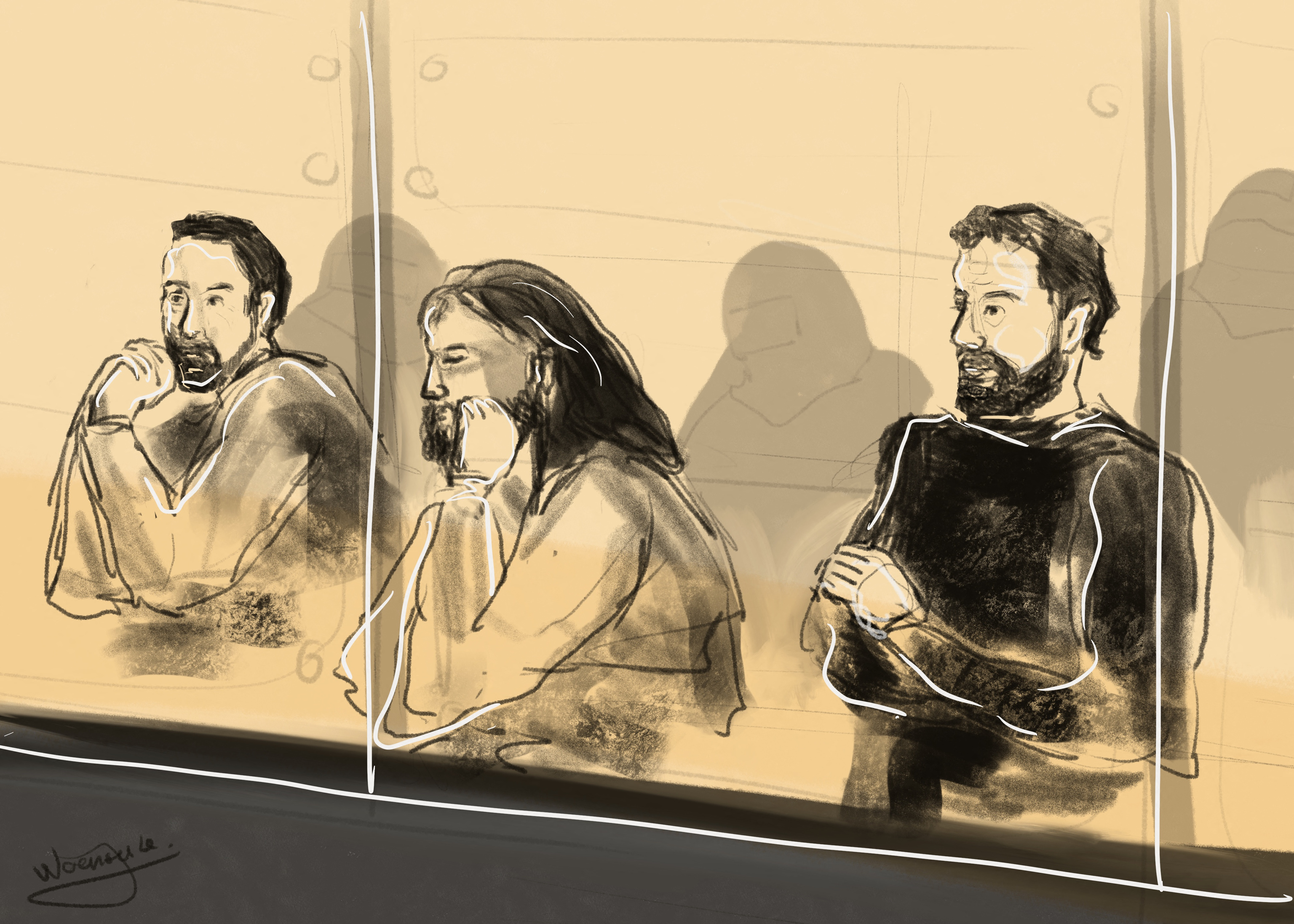 A court sketch of  defendants Mohamed Abrini, Osama Krayem and Salah Abdeslam during the composition of the jury. Janne Van Woensel Koy / Pool/ AFP
