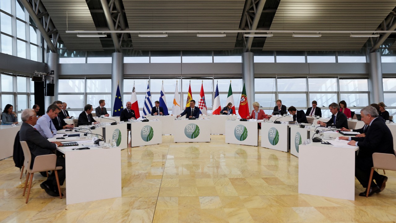 The leaders of Mediterranean countries Spain, France, Italy, Portugal, Greece, Malta, Cyprus, Slovenia and Croatia attend the IX Euro-Mediterranean Summit (EU-MED9) in Alicante, Spain. /Violeta Santos Moura/Reuters