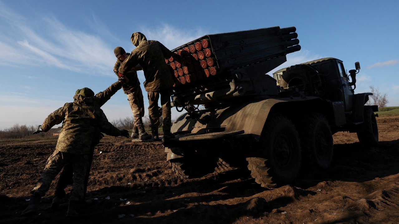 Ukraine's 10th Mountain Assault Brigade prepares a BM-21 Grad self- propelled multiple rocket launcher near Bakhmut. /Shannon Stapleton/Reuters