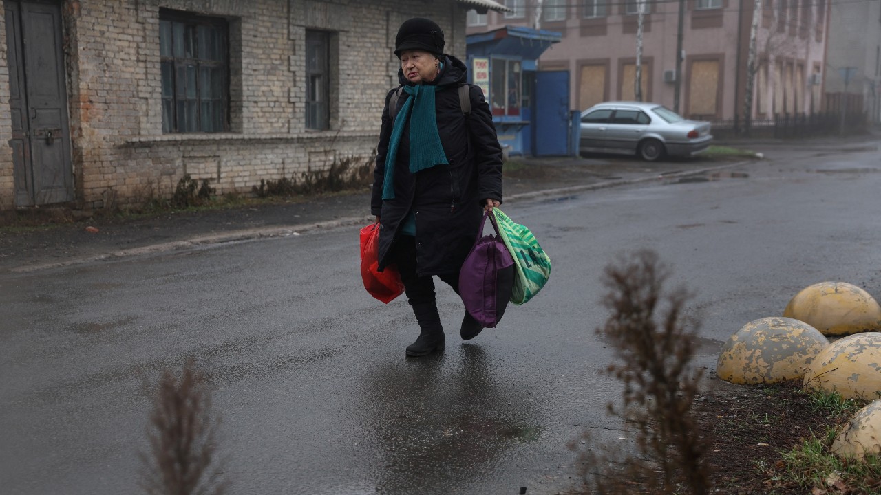 Valentyna, 70, arrives at the Pokrovsk train station after being evacuated from Bakhmut by volunteer organization Chaplain Patrol. /Shannon Stapleton/Reuters