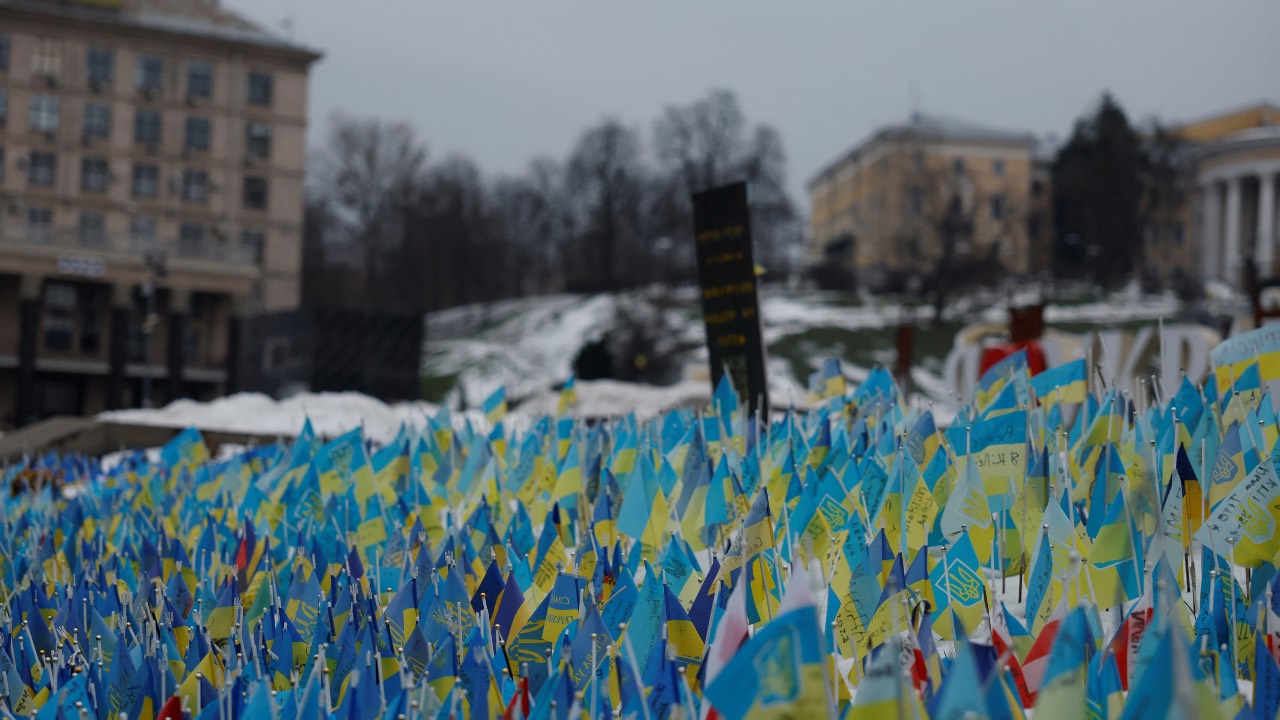Flags representing fallen soldiers on Independence Square in Kyiv. /Clodagh Kilcoyne/Reuters