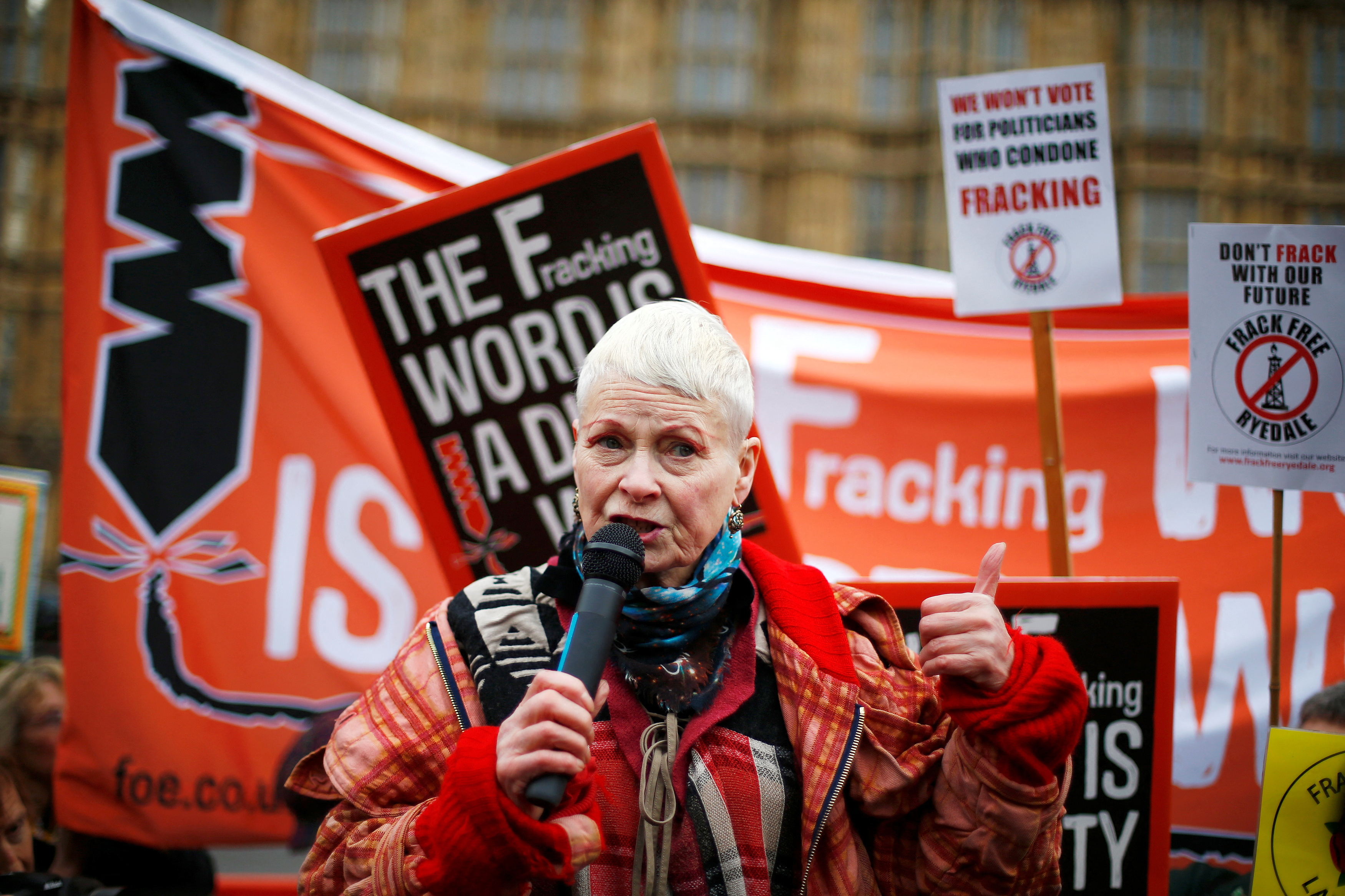 Vivienne Westwood speaks at a protest against fracking outside the Houses of Parliament in Westminster,  January 26, 2015. Reuters/Andrew Winning/File Photo