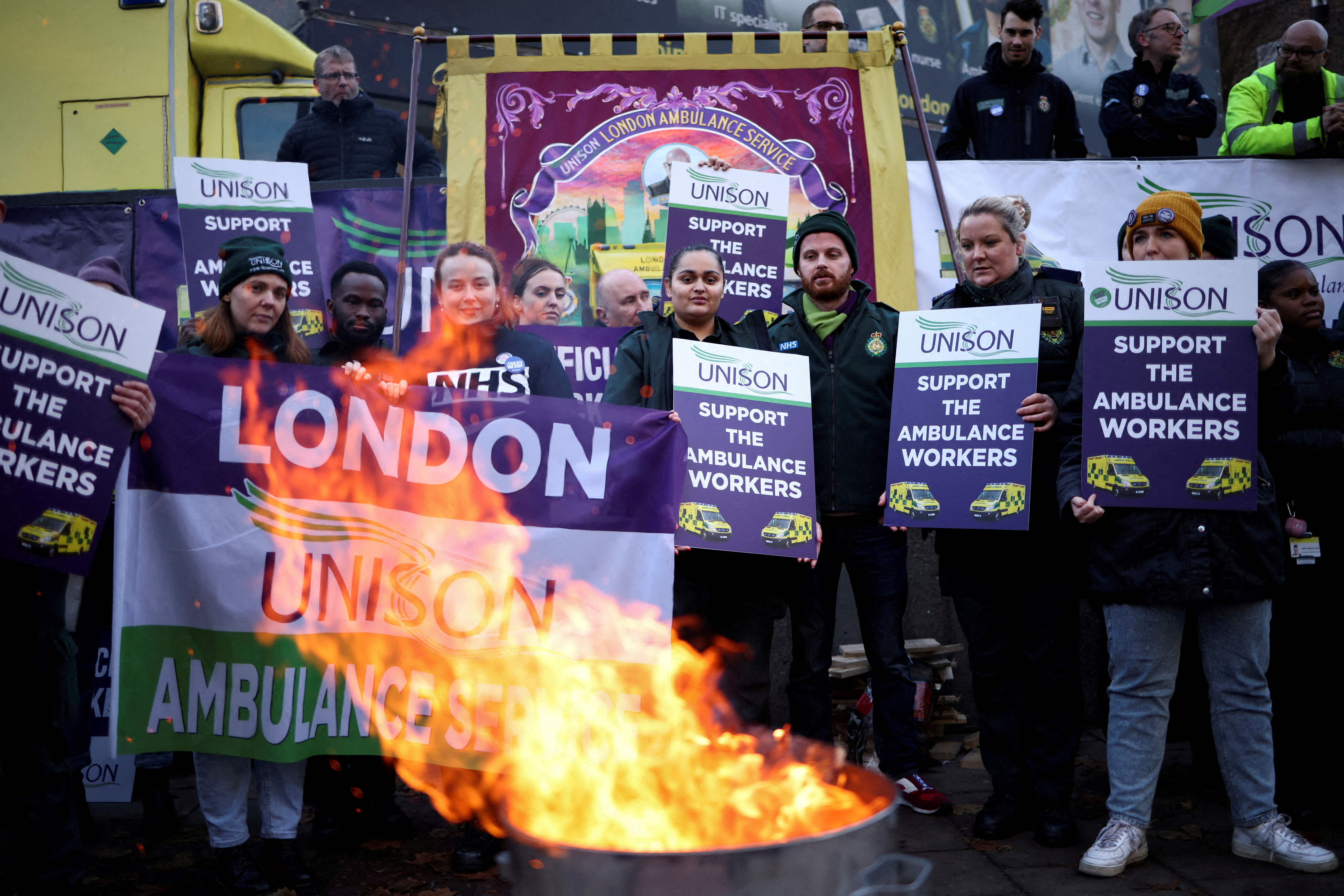 Striking ambulance workers outside NHS London Ambulance Service headquarters. /Henry Nicholls/Reuters