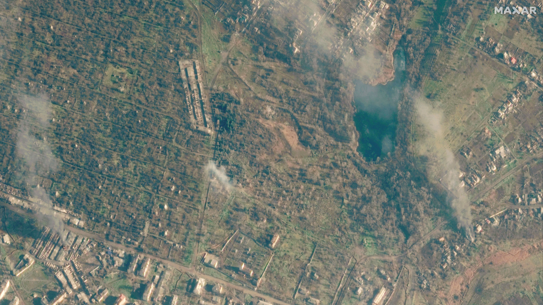 A satellite image of the heavy shelling in Soledar. /Satellite image 2023 Maxar Technologies/Reuters