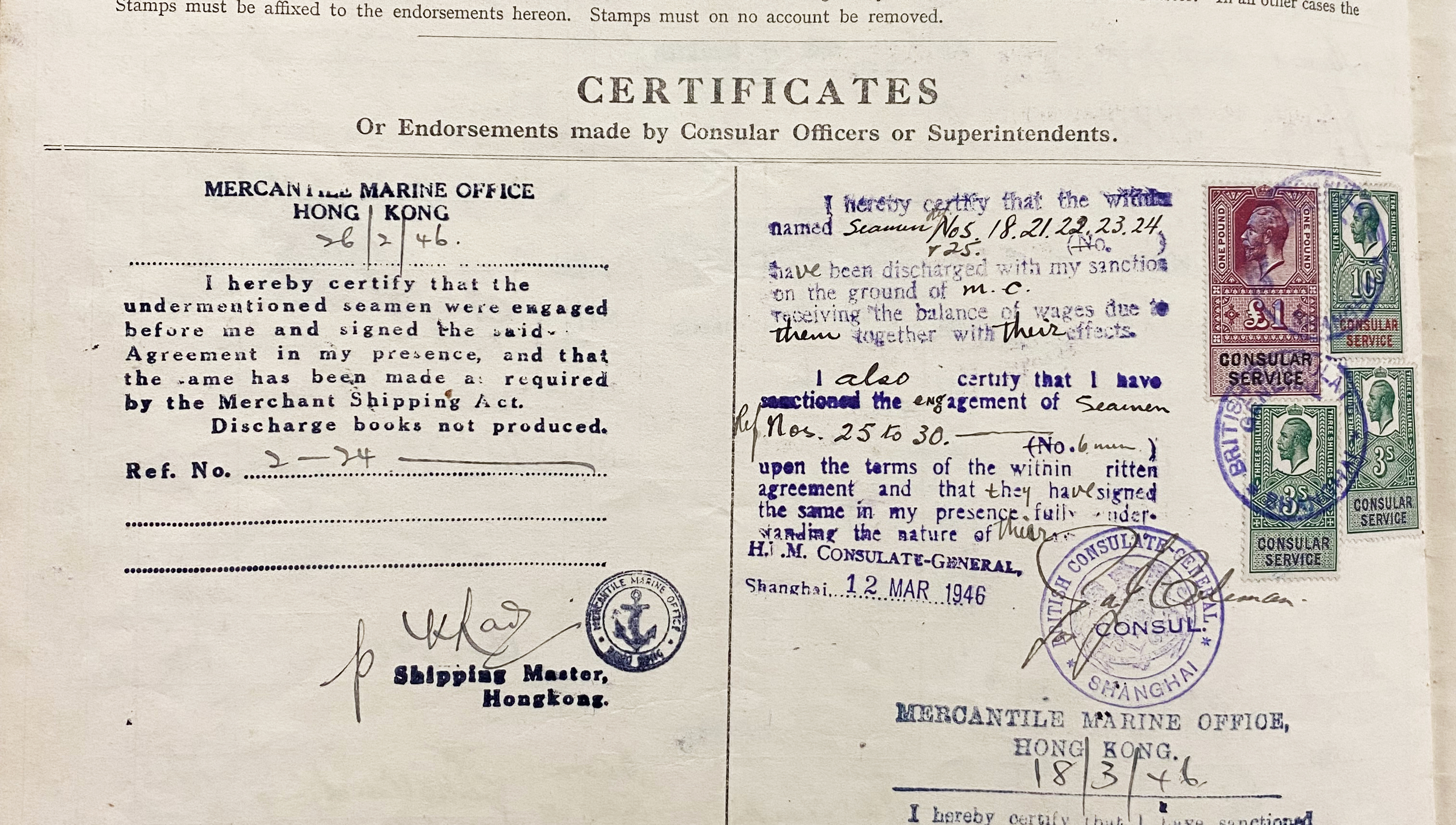 A confirmation by the shipping master in Hong Kong that sailors – referred to by the number their name appeared against in the crew list – had been discharged from the ship. /National Archives/Simon Morris/CGTN