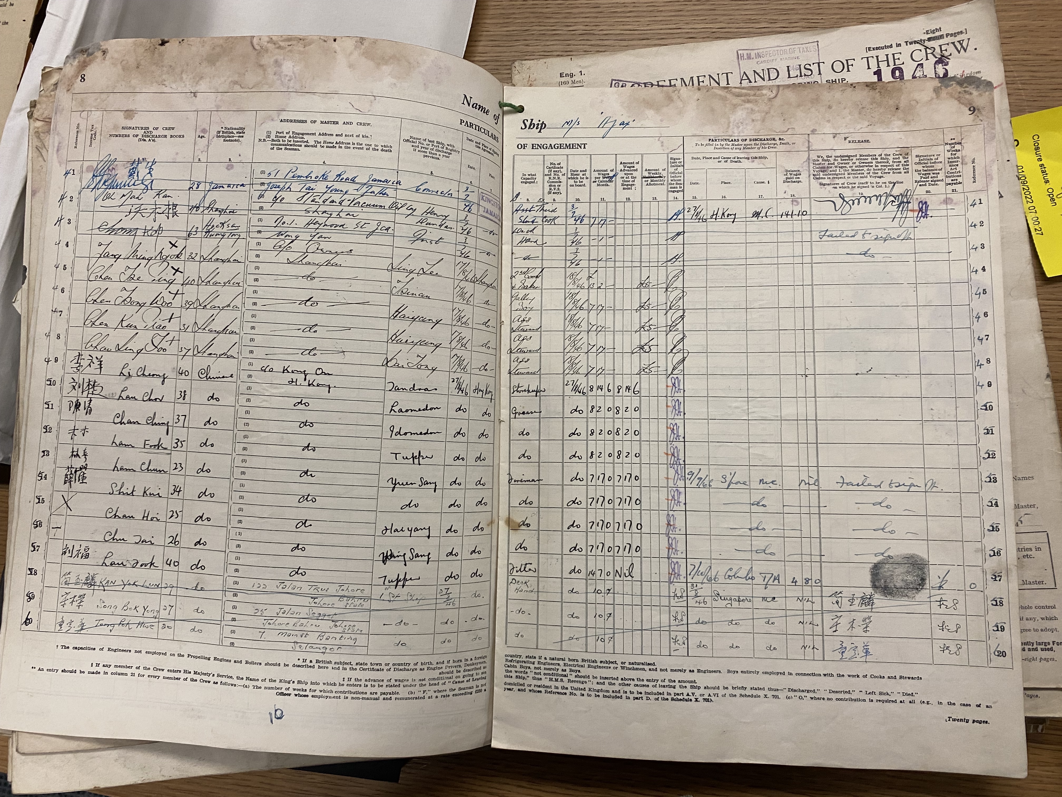 A crew list for the Holt company ship Ajax, showing the sailors' names in Chinese and English, as well as their ages, occupations and place and date of discharged. /National Archives/Simon Morris/CGTN