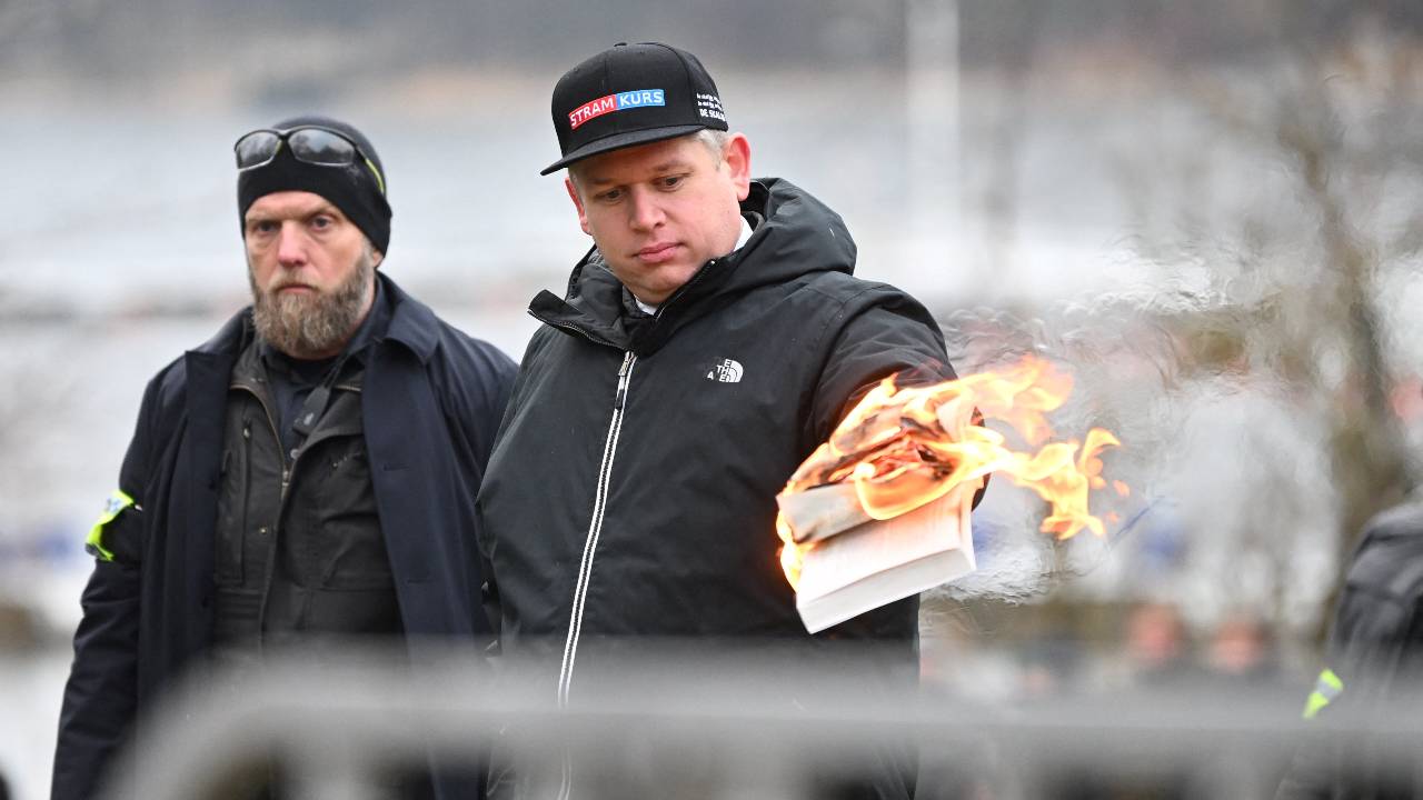 It's not the first time Rasmus Paludan, leader of Danish far-right political party Hard Line, has burned a Koran. /Fredrik Sandberg/TT News Agency/Reuters