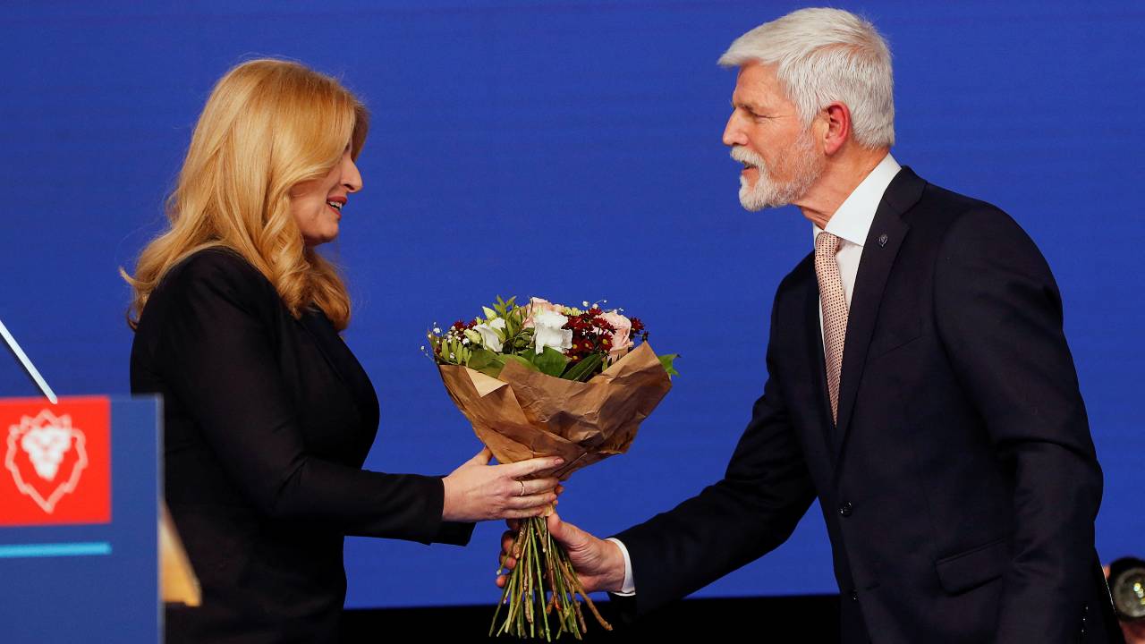 Slovakia's President Zuzana Caputova congratulates Czech president-elect Petr Pavel, on his victory. /David W Cerny/Reuters