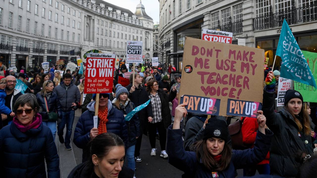 Striking teachers attend a march in central London on Wednesday. /Toby Melville/Reuters