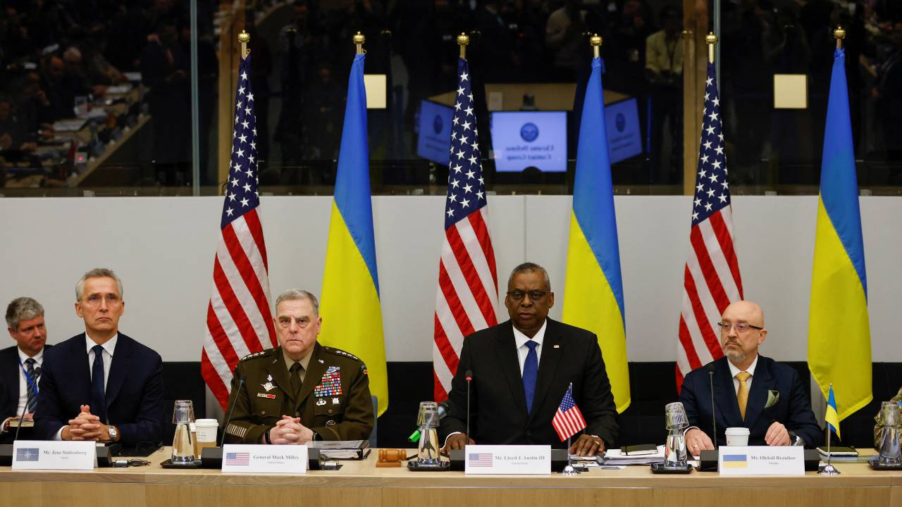 NATO Secretary General Jens Stoltenberg, U.S. Chairman of the Joint Chiefs of Staff Gen. Mark A. Milley, U.S. Secretary of Defense Lloyd Austin and Ukraine's Defense Minister Oleksii Reznikov at a NATO defense ministers meeting in Brussels. /Johanna Geron/Reuters