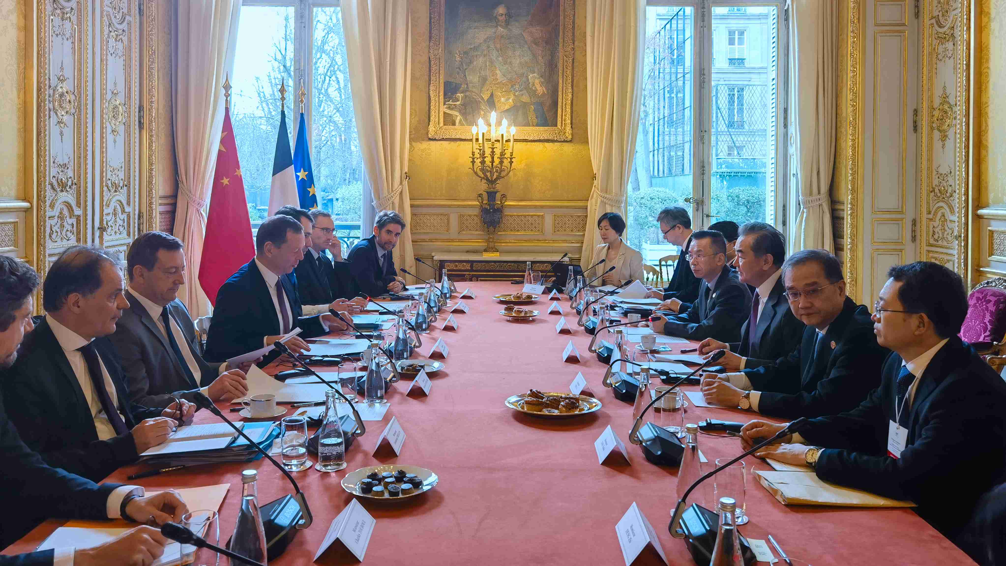 Wang Yi (R) on Thursday co-hosted the 23rd China-France Strategic Dialogue with Emmanuel Bonne (L), French President's diplomatic counsellor during a visit to the country. /CGTN