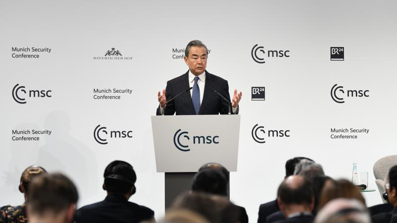 Wang Yi delivers a keynote speech at the 59th Munich Security Conference in Germany. /Chinese Ministry of Foreign Affairs
