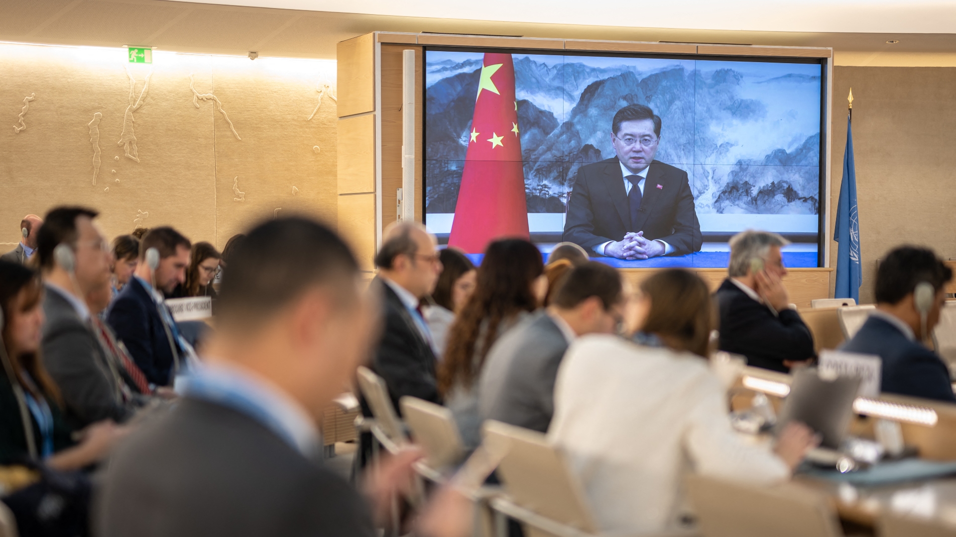 China's new foreign minister Qin Gang appeared by video conference call. /Fabrice Coffrini/AFP