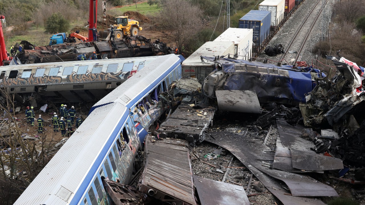 Destroyed carriages at the site of a collision between two trains near the city of Larissa in Greece. /Alexandros Avramidis/Reuters