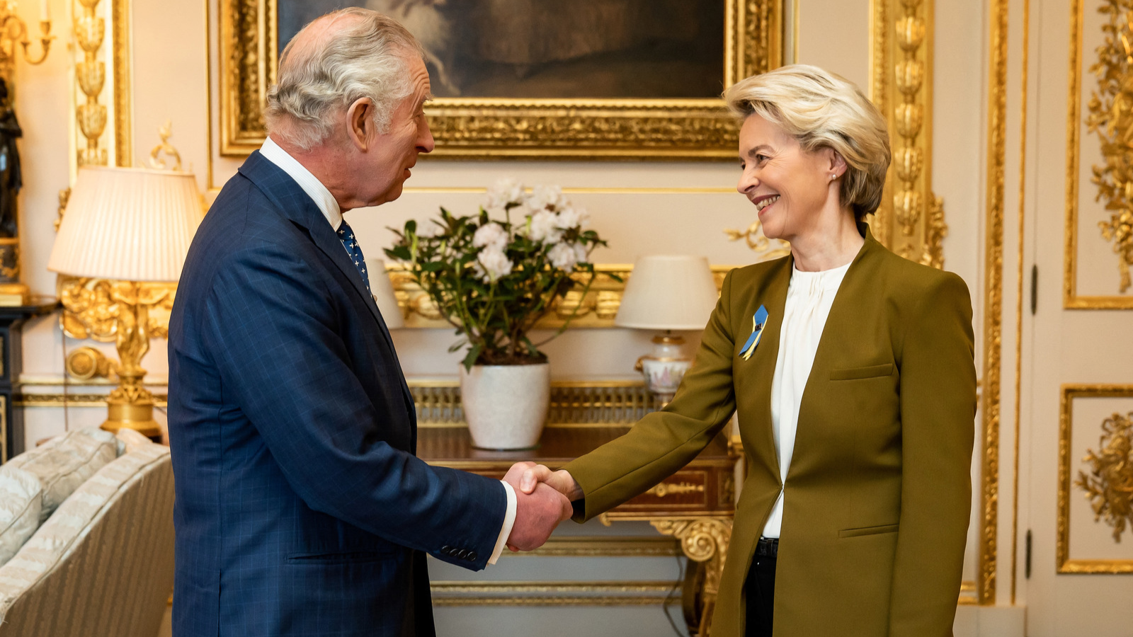 The family strife has cast serious doubts over whether Harry and Meghan will attend the coronation of King Charles, shown here this week with EU chief Ursula von der Leyen. /Aaron Chown/AFP
