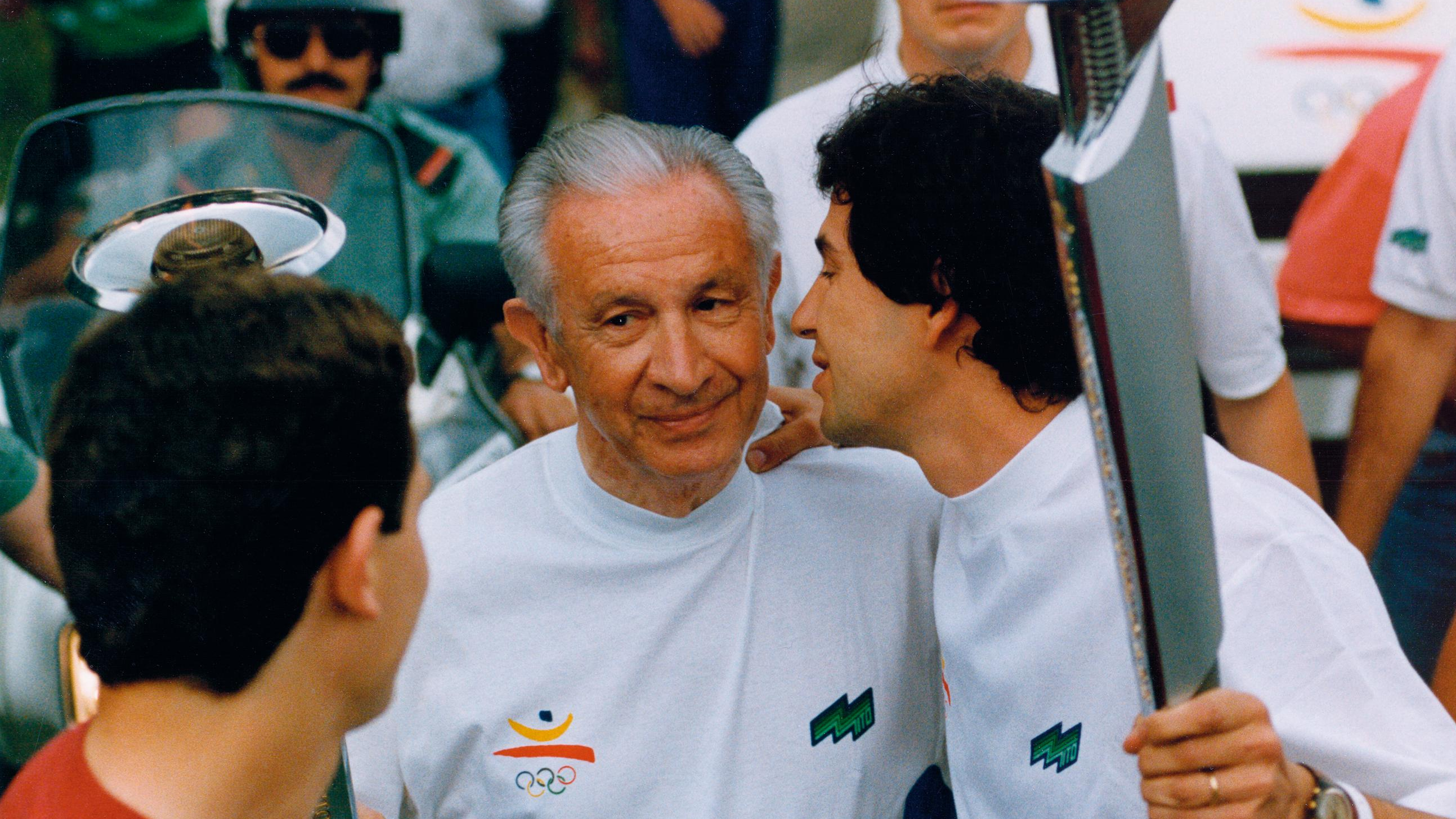 Juan Antonio Samaranch with his late father at the 1992 torch relay in Barcelona, Spain. /Samaranch Foundation
