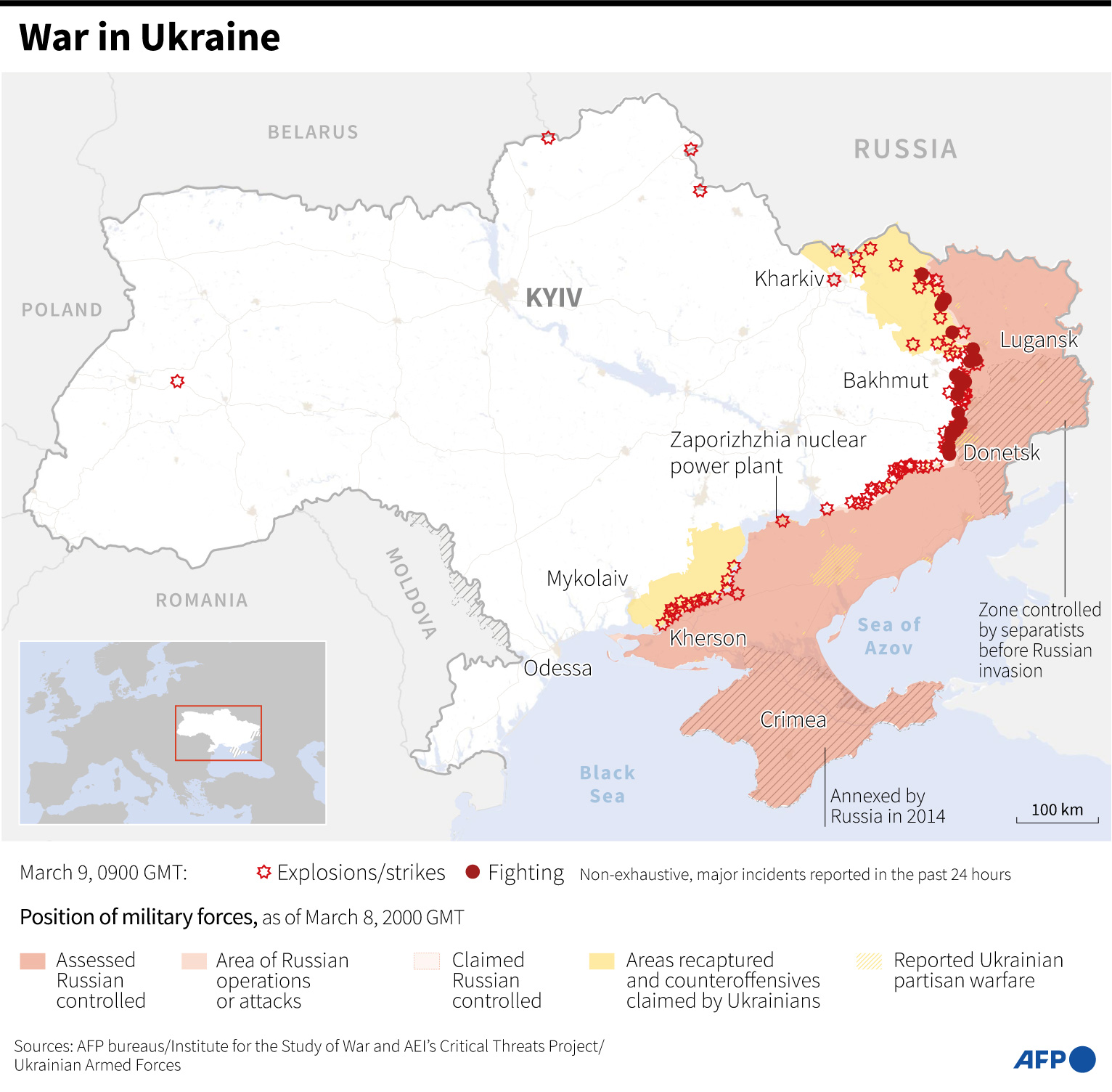This map shows the current situation in Ukraine, where intense fighting is continuing in Bakhmut. /Simon Malfatto, Paz Pizarro, Kenan Augeard/AFP