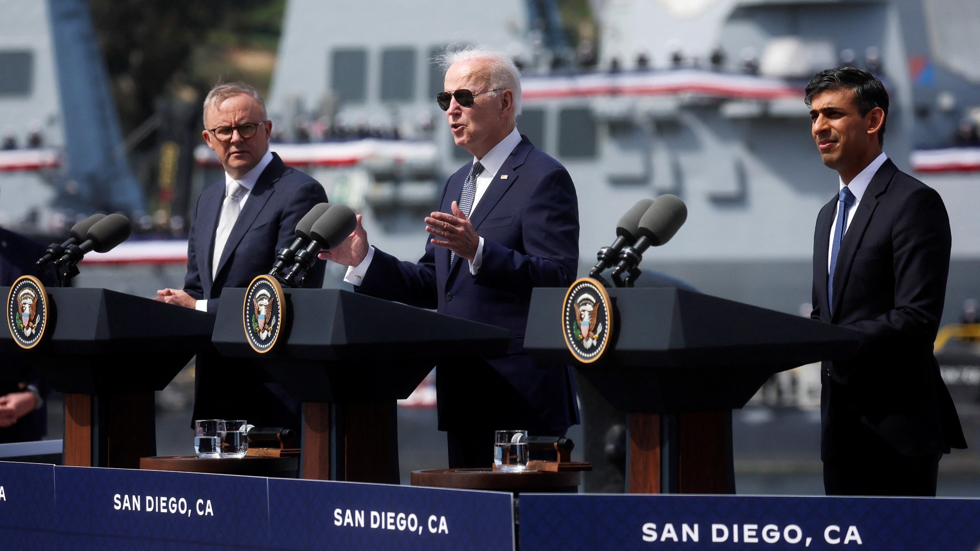 (L-R) Australian Prime Minister Anthony Albanese, U.S. President Joe Biden and UK PM Rishi Sunak announce the Aukus deal at Naval Base Point Loma in San Diego. /Leah Millis/Reuters