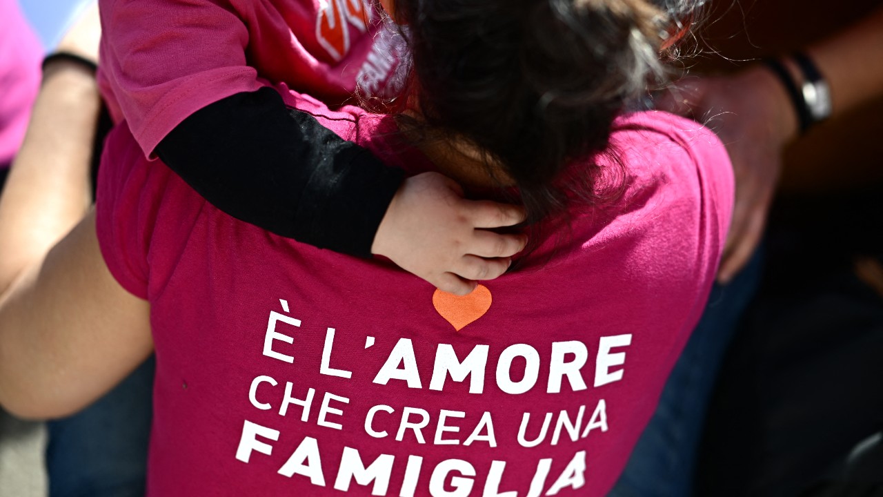 A woman wears a T-shirt reading 'It is love that creates a family' at the protest. /Gabriel Bouys/AFP
