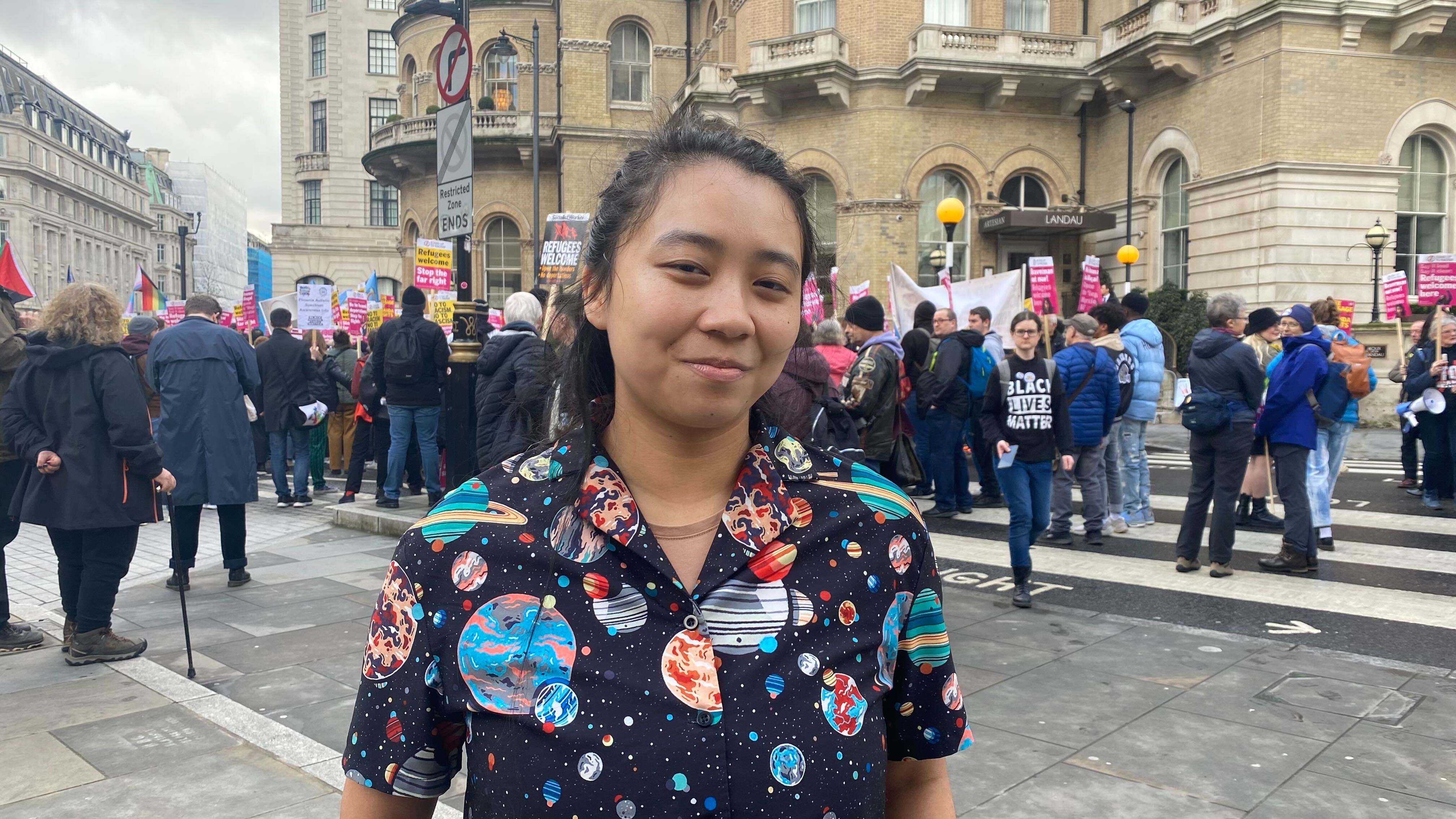 Fiona Sim at an anti-Sinophobia protest, March 2023. /Elizabeth Mearns/CGTN