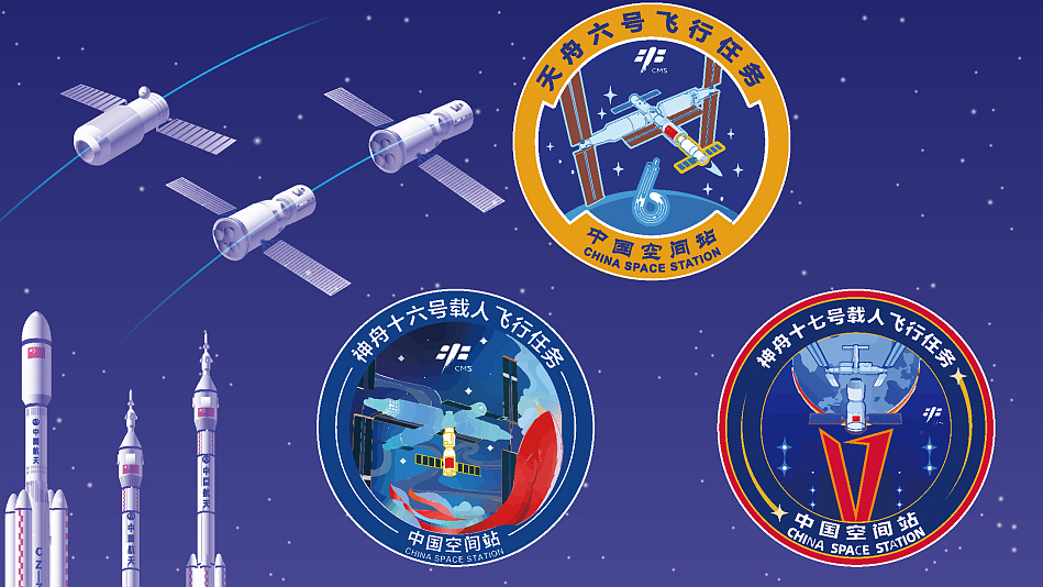 Logos of three missions of China's manned space program in 2023, namely the launches of the cargo craft Tianzhou-6 (Yellow), and the crewed spaceships Shenzhou-16 (Blue) and Shenzhou-17 (Red). /CFP