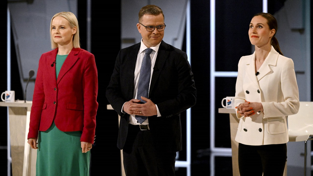 Leaders of the three main parties gather before the parliamentary elections debate hosted by Finnish Broadcasting Company. /Lehtikuva/Antti Aimo-Koivisto/Reuters