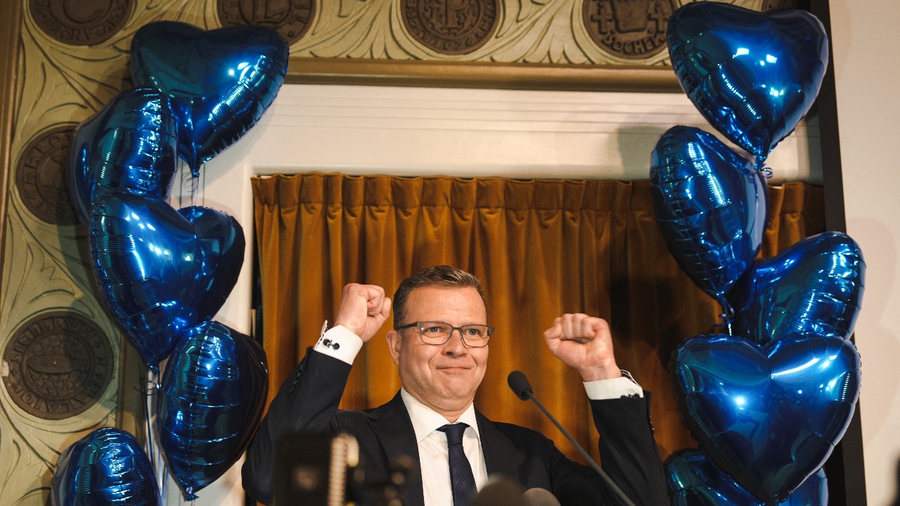 The National Coalition Chairman Petteri Orpo speaks to supporters at the party's parliamentary election party, following the Finnish parliamentary elections, in Helsinki. /Alessandro Rampazzo/AFP