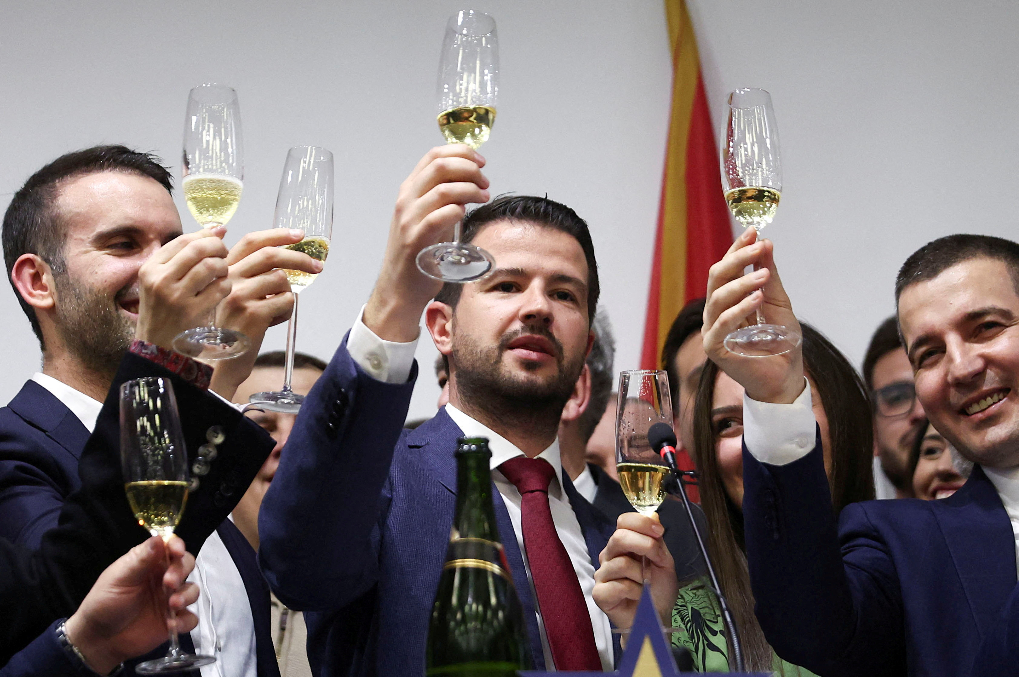 Jakov Milatovic, Montenegro's president-elect, celebrates the first presidential election results. /Marko Djurica/Reuters