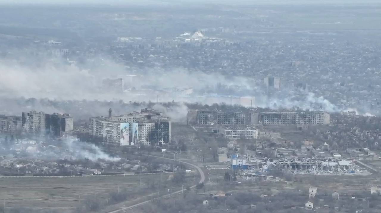 An aerial view shows smoke billowing over Bakhmut. /@combat.art.ukraine via Instagram/via Reuters