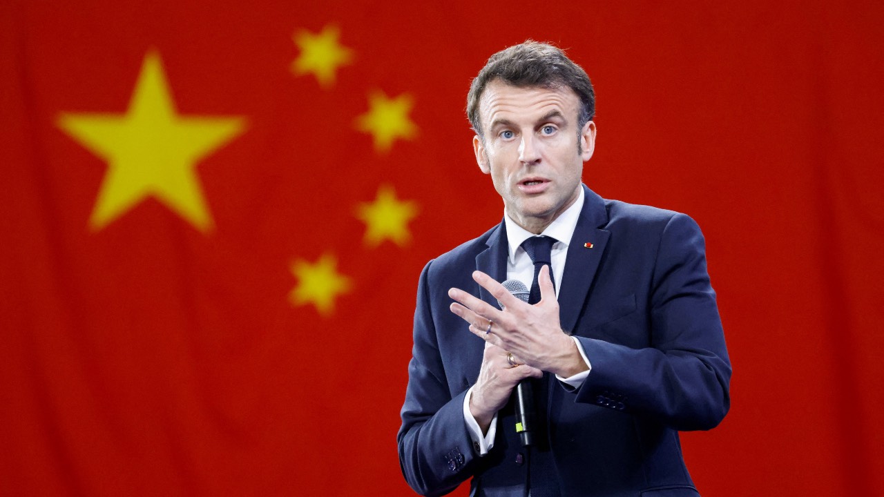 French President Emmanuel Macron spoke to students at Sun Yat-sen University in Guangzhou. /Ludovic Marin/AFP