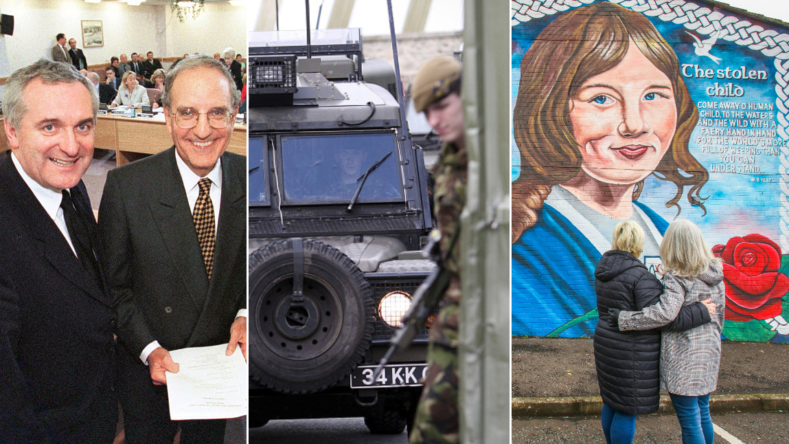 Images over 25 years: Irish PM Bertie Ahern and US Senator George Mitchell (1998), British troops in South Armagh (2007) and a tribute to a girl killed in 1981 (2023)./ CFP and Paul Faith/AFP 