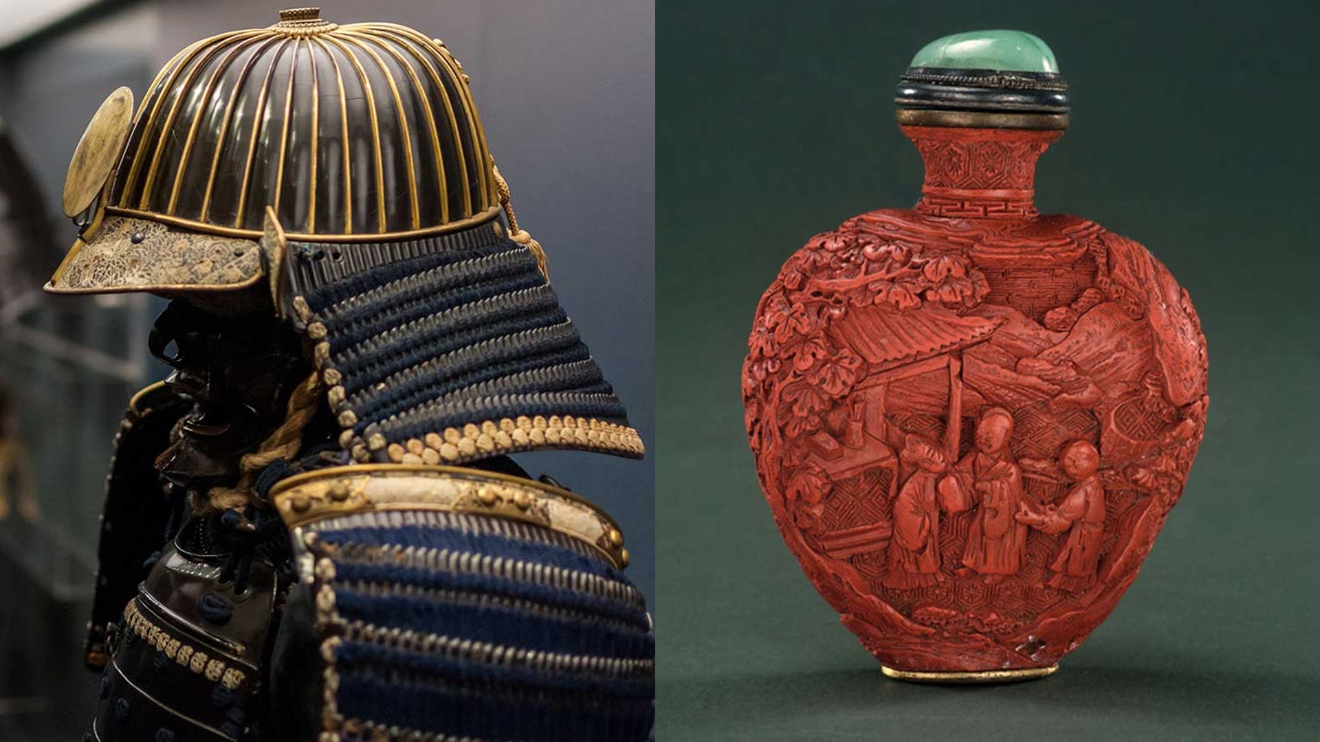 A suit of Samurai armour and a lacquer snuff-bottle from the Qing dynasty./Corfu Museum of Asian Art