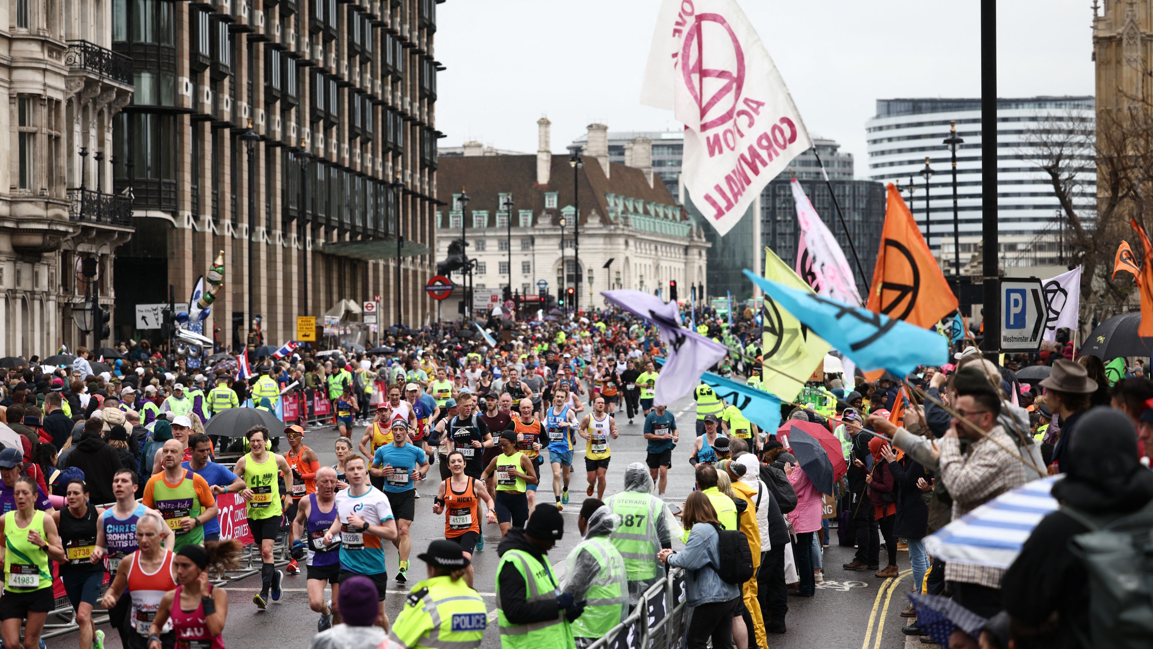 Protesters during the London Marathon on Sunday. /Henry Nicholls/Reuters
