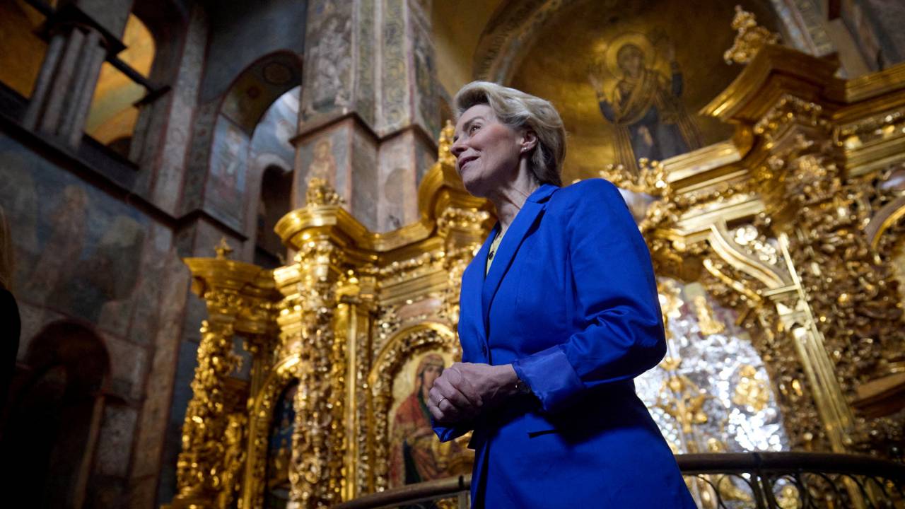 European Commission President Ursula von der Leyen visits the St. Sophia Cathedral in Kyiv. /Ukrainian Presidential Press Service/Reuters